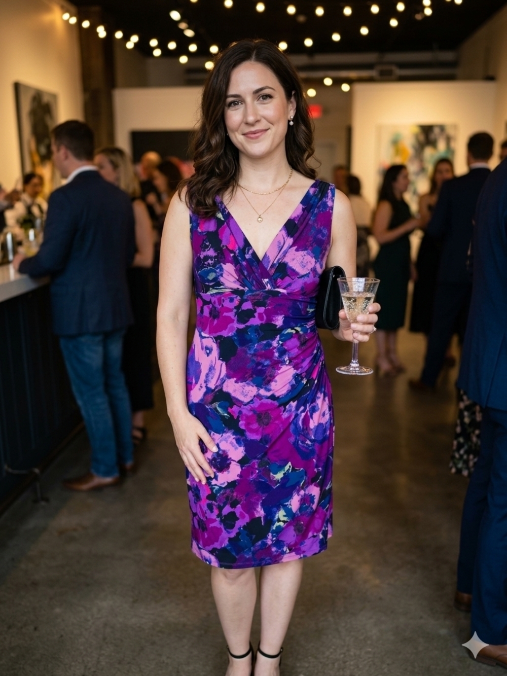Lauren Ralph Lauren Purple and Pink Floral V-Neck Midi Dress